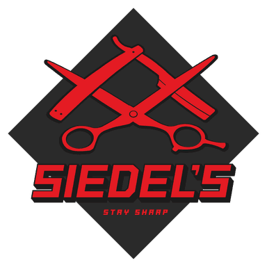Siedel's Barbershop logo — dark diamond badge with red crossed scissors and straight razor, Stay Sharp